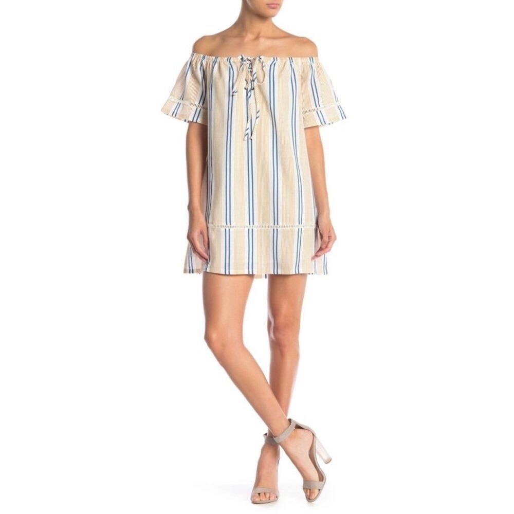 JOA Striped‎ Off The Shoulder Dress Womens Small Blue Tan Lace Up Mini BC5279
